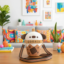 Cookie-themed bag on a table with a colorful living room background