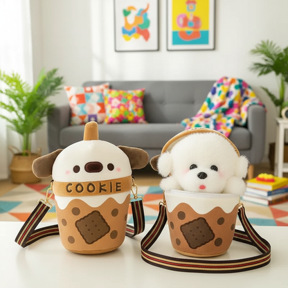 Two plush toys resembling cookie jars with animal faces in a living room setting.
