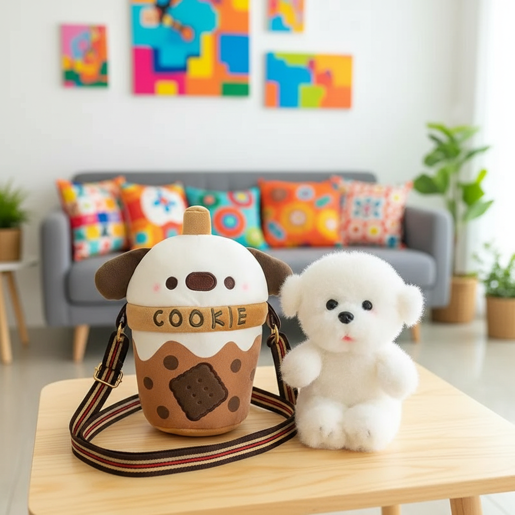 Cookie-themed cup with a bear plush toy on a wooden table in a colorful room.