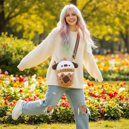 Woman with pastel hair wearing a cream sweater and ripped jeans, holding a cookie-shaped bag in a park.