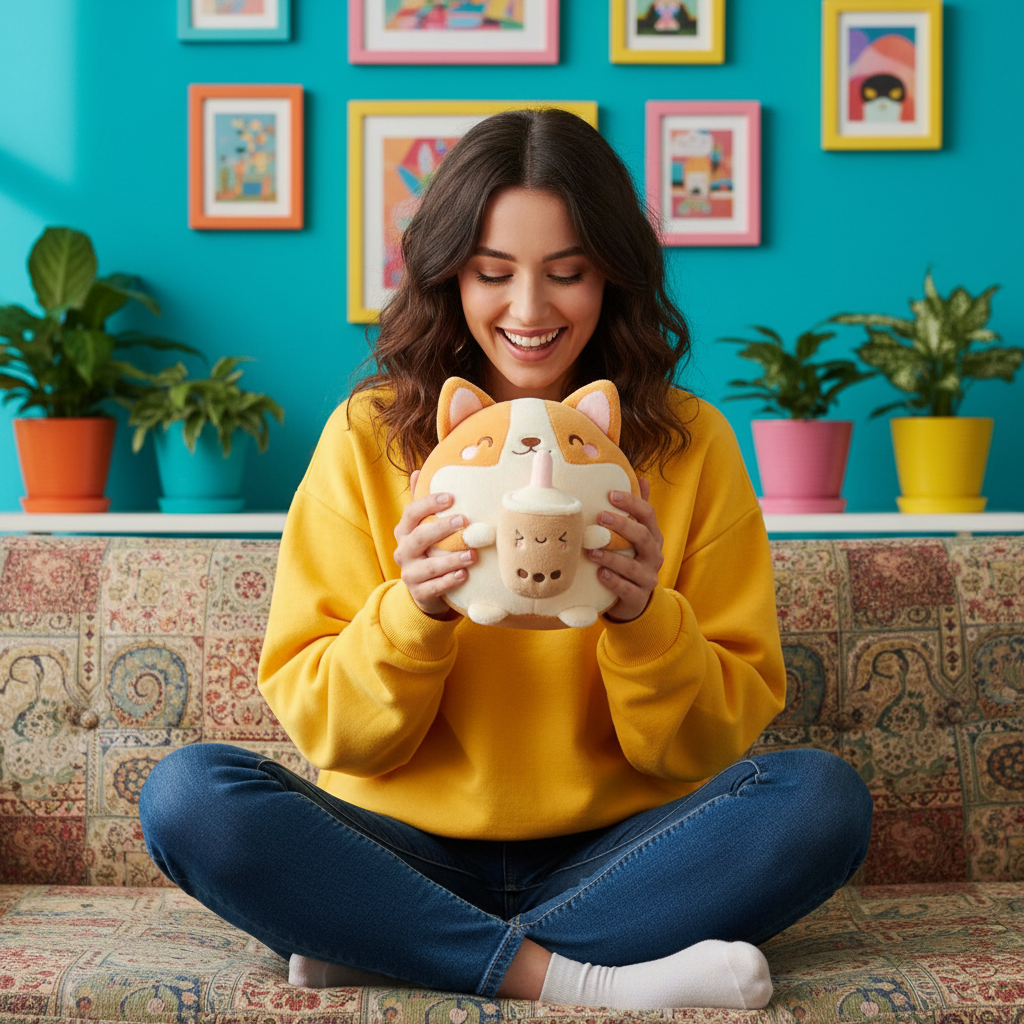 Woman holding a corgi-shaped plush toy in a colorful living room.