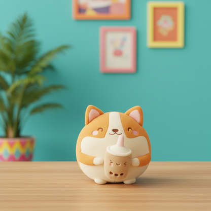 Cute cartoon-style plushie of a corgi dog holding a cup on a wooden surface with a teal wall and plant in the background.