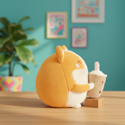 Plush toy resembling a corgi holding a cup on a wooden surface with a teal wall and plant in the background