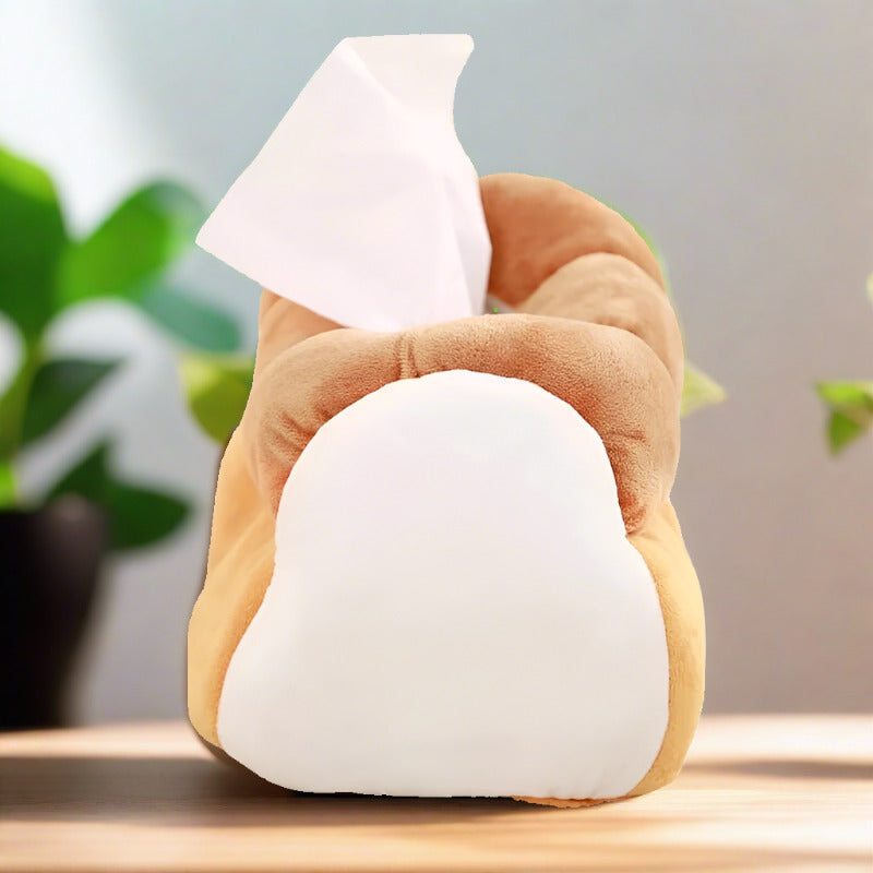 Front view of a plushie tissue box shaped like a bread loaf