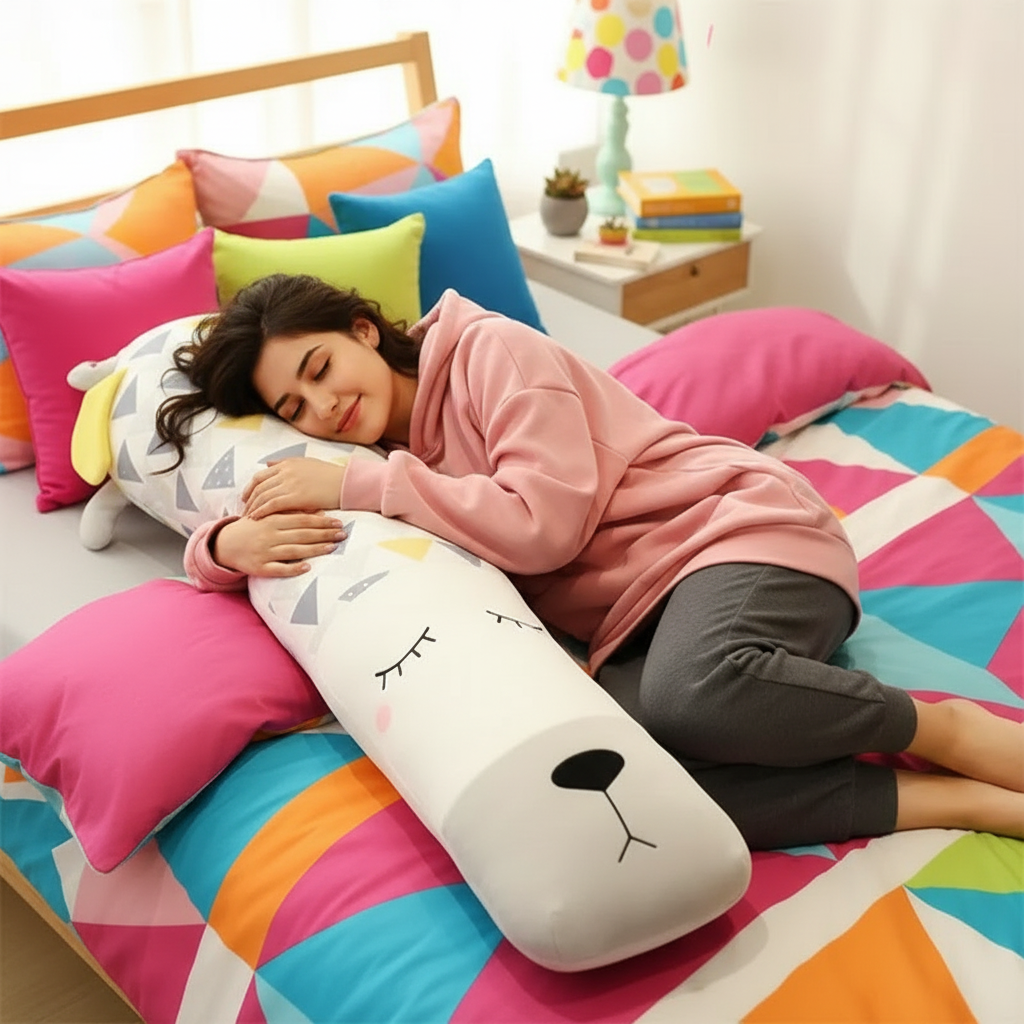 Woman lying on a colorful bed with a large dog-shaped plushie body pillow