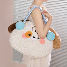 Person holding a large, fluffy, cartoonish dog pillow with a striped headrest.