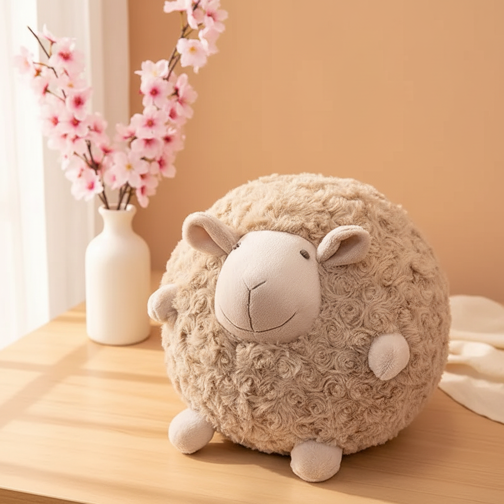 Plush sheep toy on a wooden surface with a vase of pink flowers in the background.