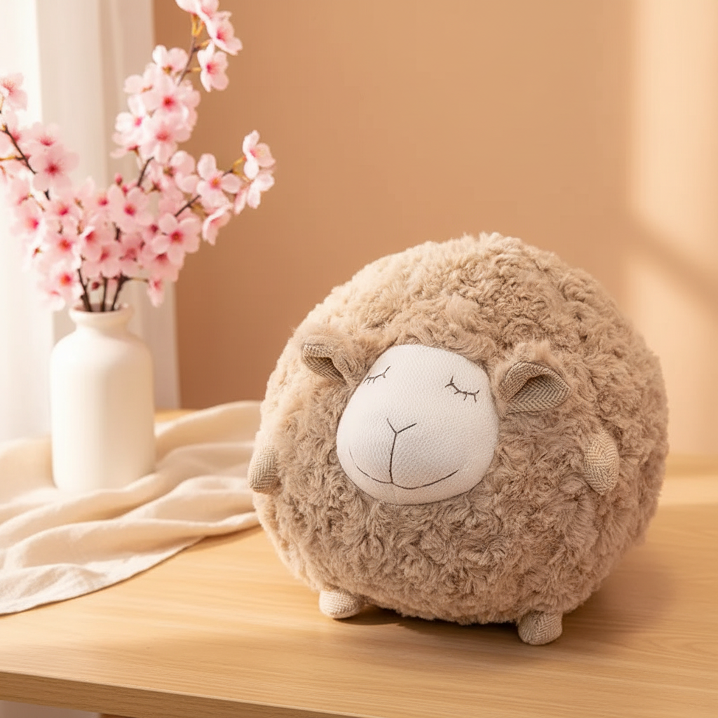 Plush sheep toy on a wooden surface with pink flowers in the background