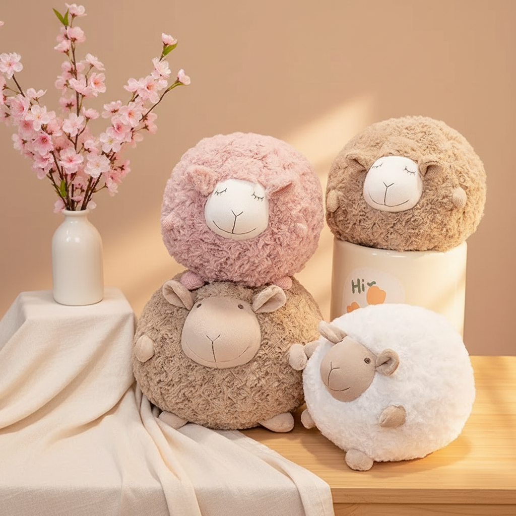 Four fluffy sheep plush toys in different colors on a wooden surface with a vase of pink flowers.