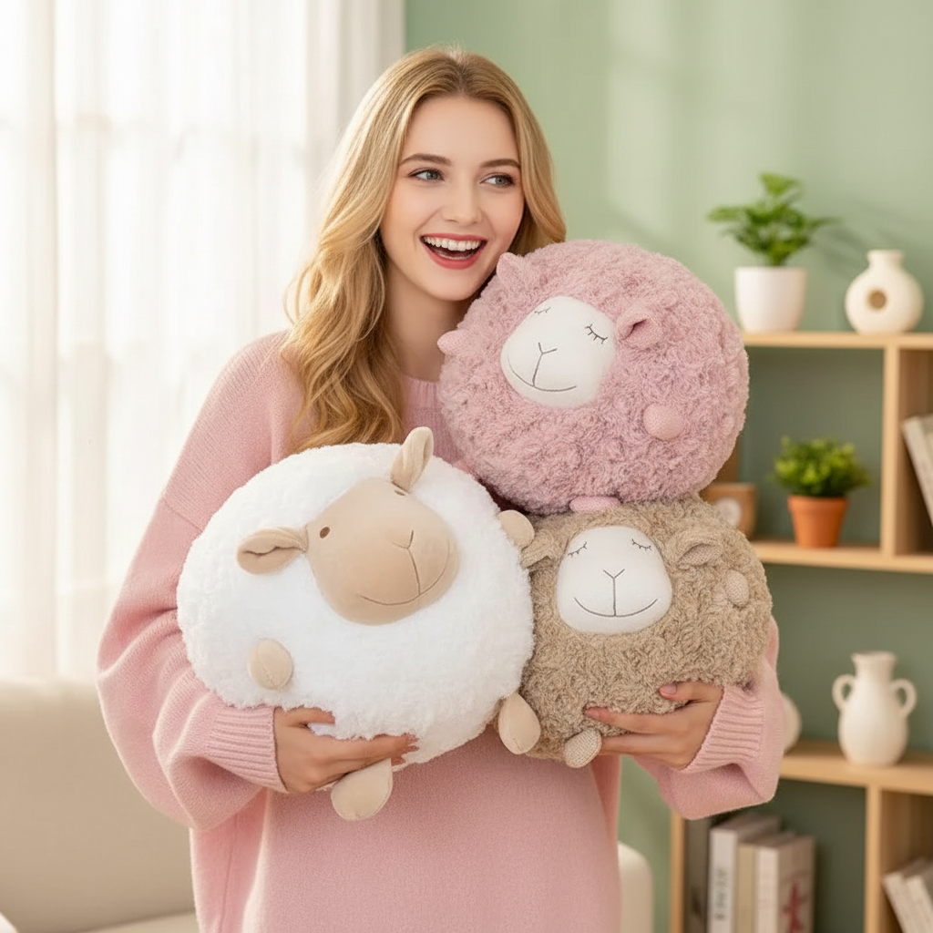 Woman holding three fluffy sheep-shaped plush toys in a cozy room.
