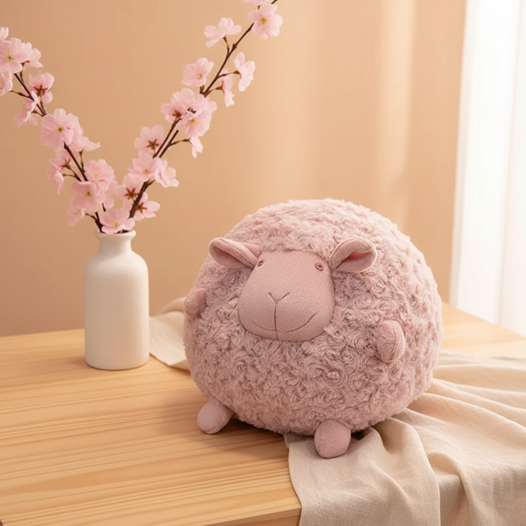 Pink sheep plush toy on a wooden surface with cherry blossoms in the background