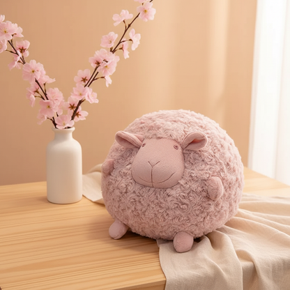 Pink sheep plush toy on a wooden surface with cherry blossoms in the background