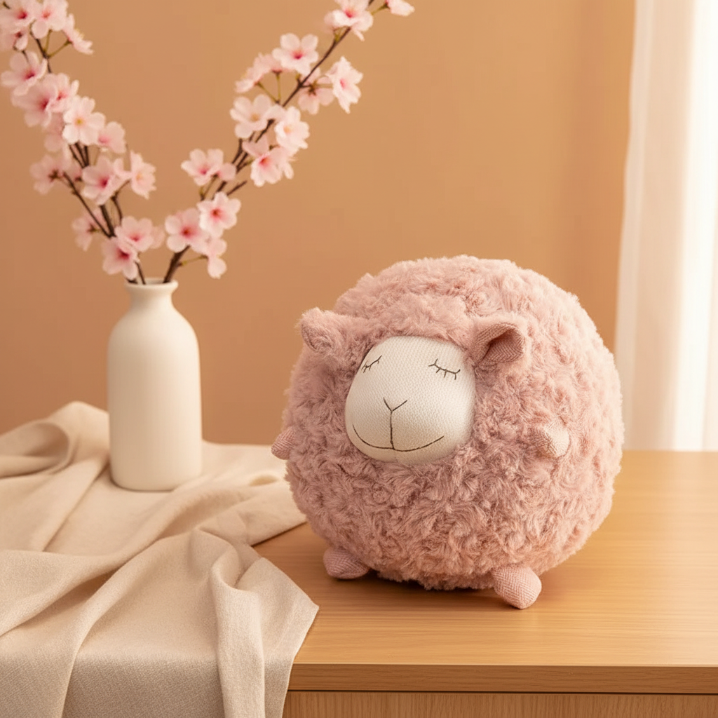 Pink fluffy sheep toy on a wooden surface with a vase of cherry blossoms in the background.