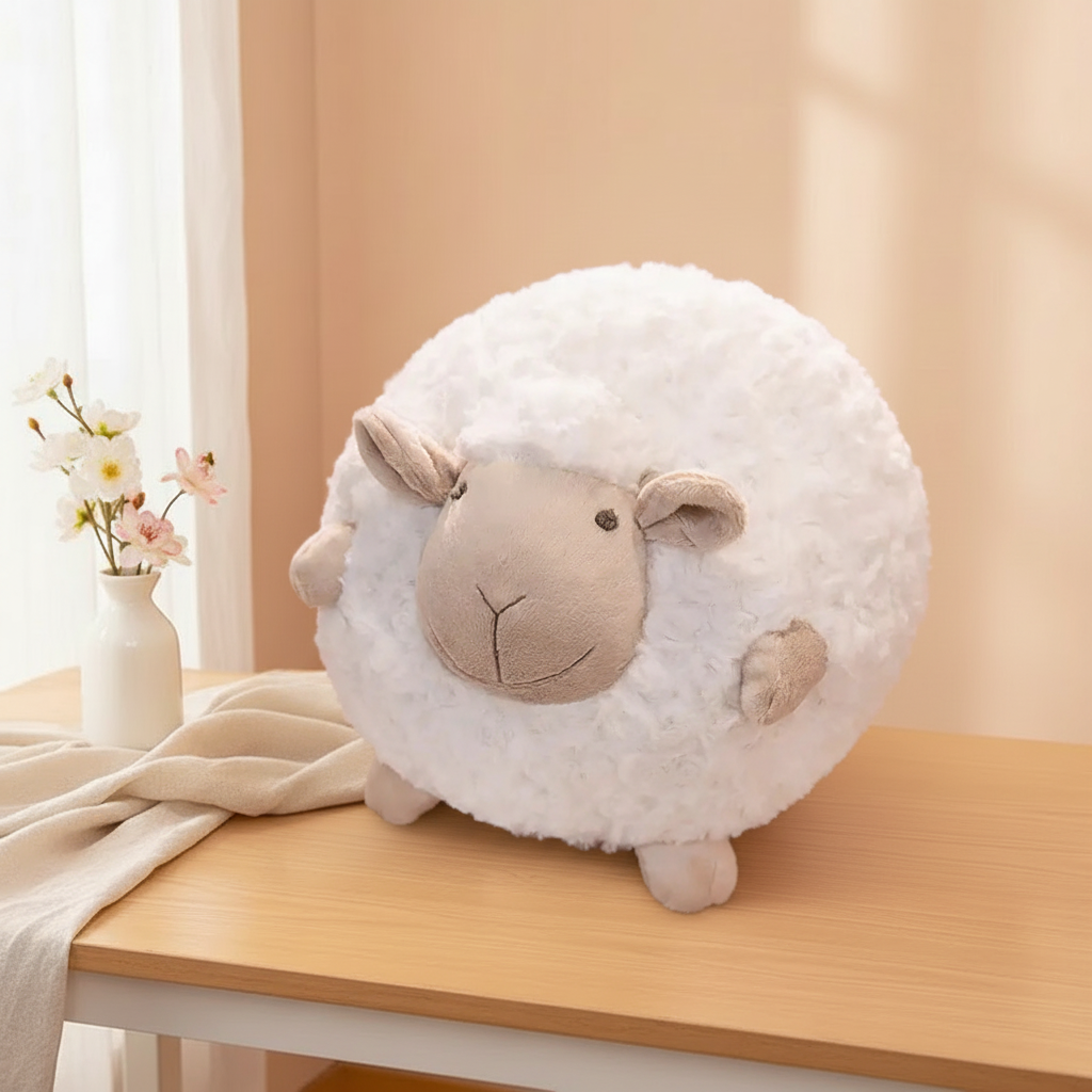 White sheep-shaped plush toy on a wooden surface with a neutral background