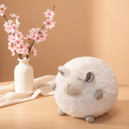 Plush sheep toy on a wooden surface with a vase of pink flowers in the background.