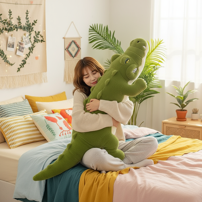Woman hugging a large green crocodile plush toy in a cozy bedroom