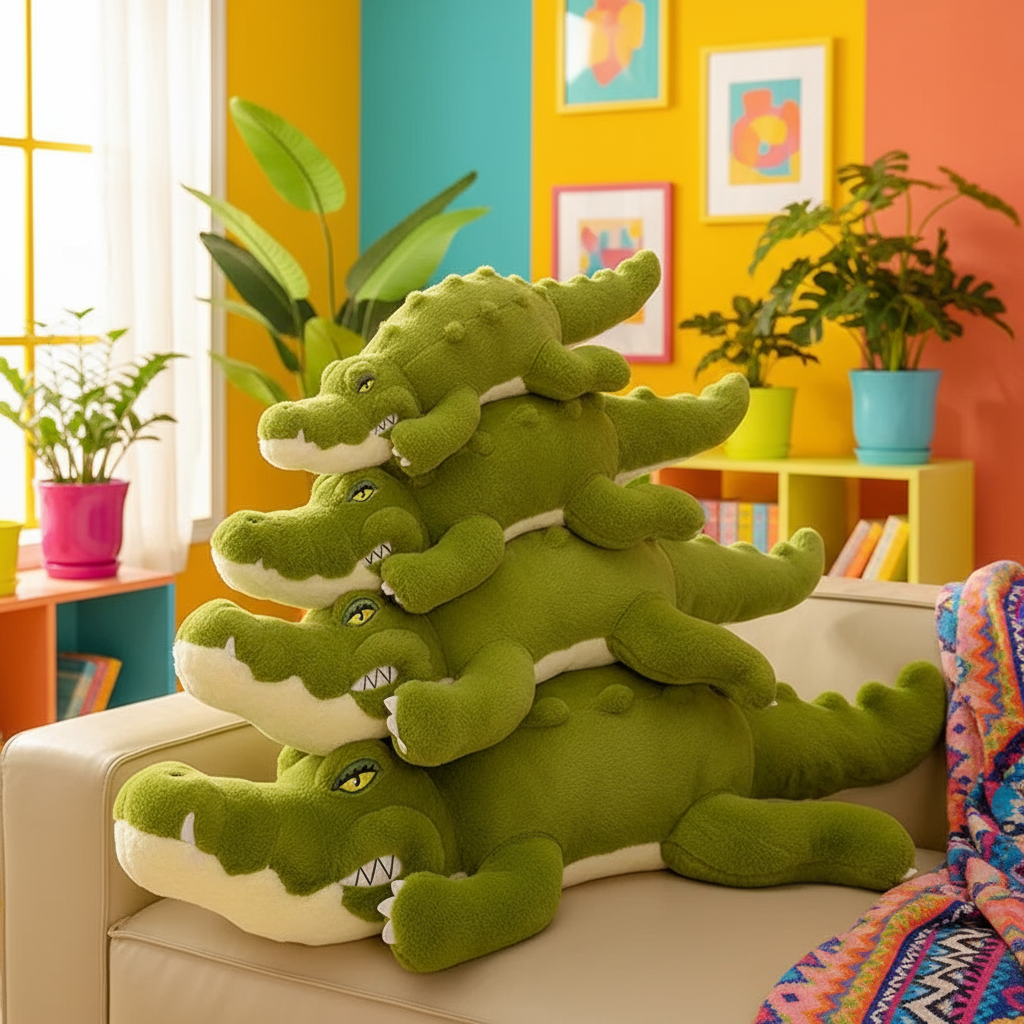 Stack of green plush alligators on a couch in a colorful room with plants and books.