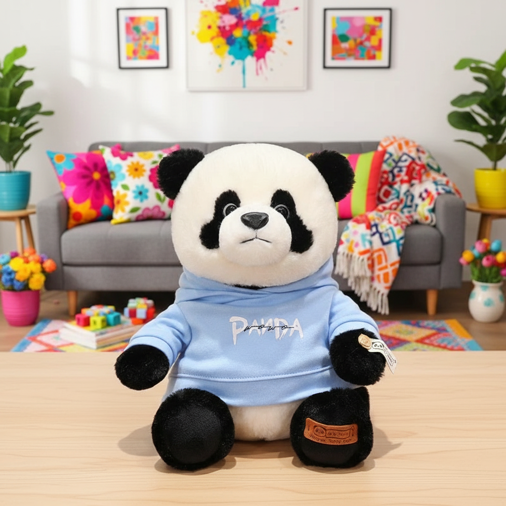 Plush panda toy wearing a blue hoodie with 'Panda' text, sitting on a wooden floor with a colorful living room background.