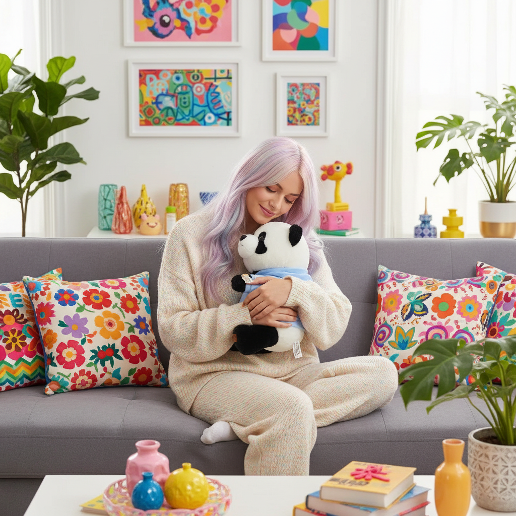 Woman holding a panda plush toy in a living room with colorful decor