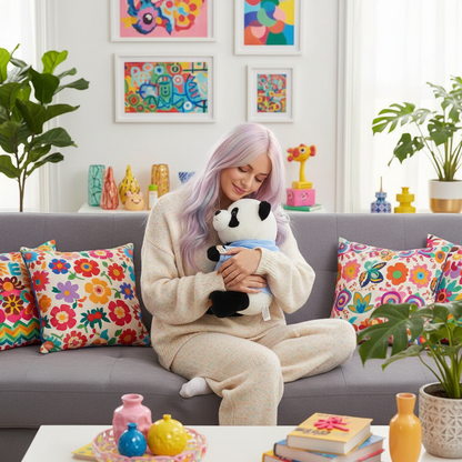 Woman holding a panda plush toy in a living room with colorful decor