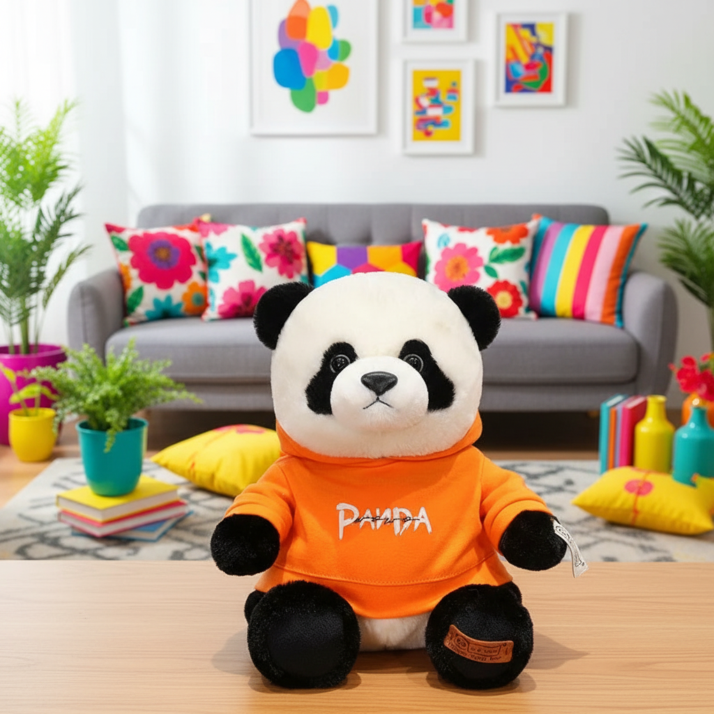 Plush panda toy wearing an orange hoodie with 'Panda' text, placed on a wooden surface with a colorful living room background.