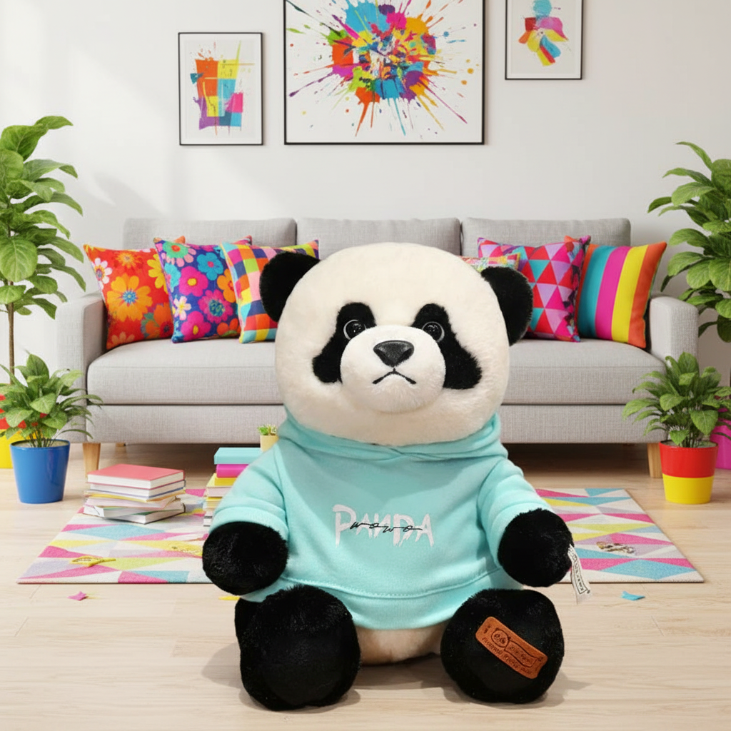 Plush panda toy wearing a light blue hoodie in a colorful living room.