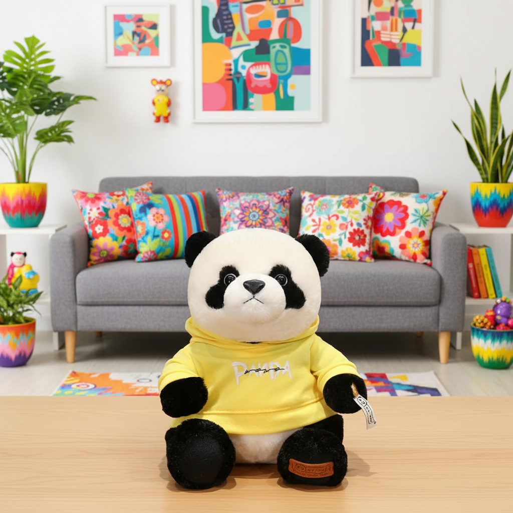 Plush panda bear in a yellow hoodie sitting on a wooden floor with a colorful living room in the background.