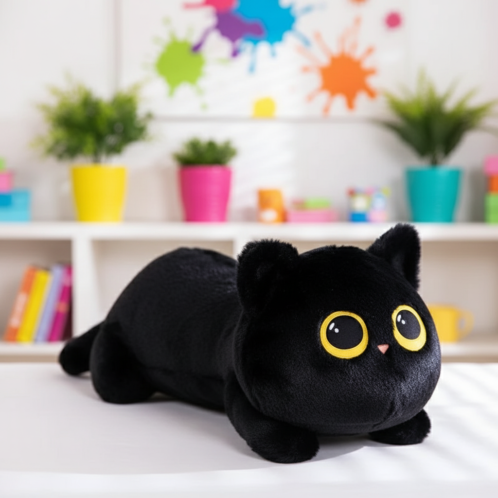 Black plush cat toy with yellow eyes on a white surface, colorful background with plants and books.