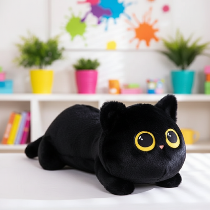 Black plush cat toy with yellow eyes on a white surface, colorful background with plants and books.