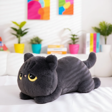 Gray plush cat toy on a bed with colorful plants and books in the background
