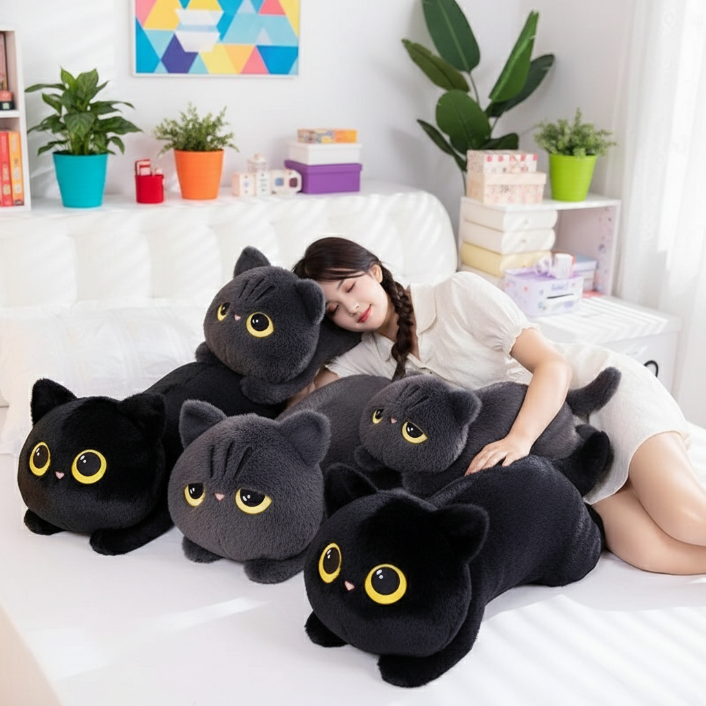 Woman lying on a bed with large black cat-shaped plushies