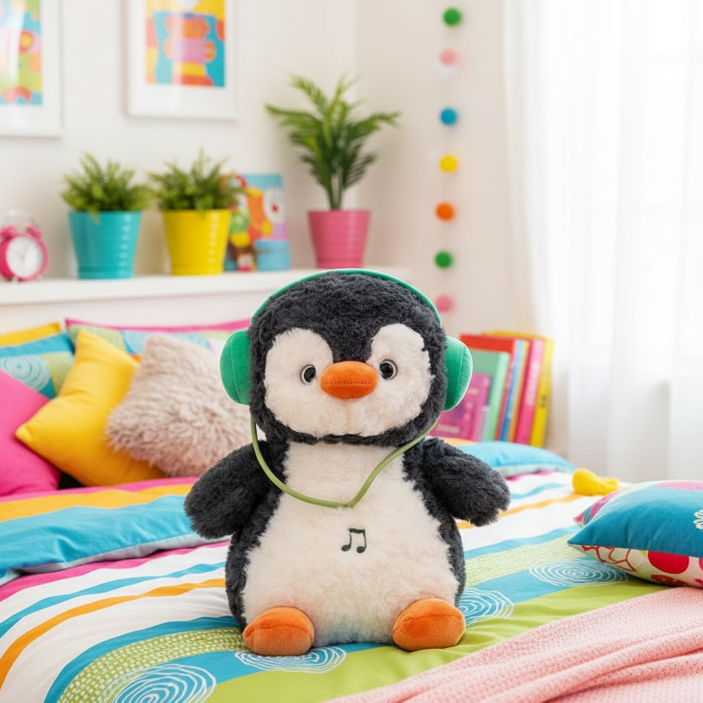Plush penguin with headphones on a colorful bed in a child's room