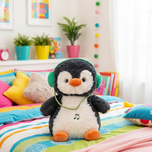 Plush penguin with headphones on a colorful bed in a child's room