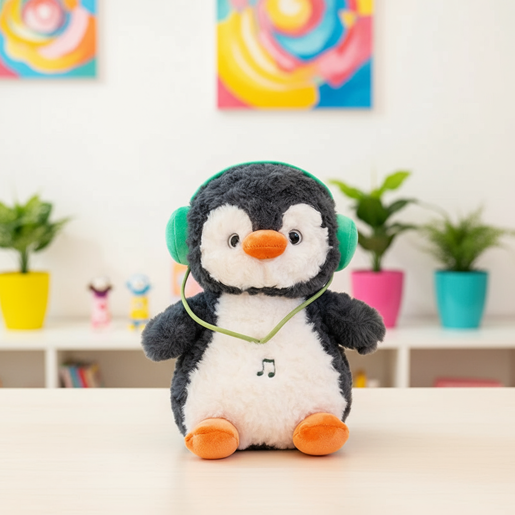 Plush toy penguin with headphones on a table with colorful background