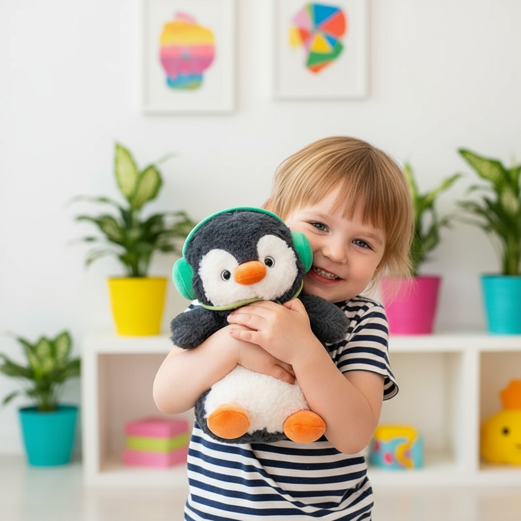 Child holding a plush penguin toy in a room with colorful plants and decorations.