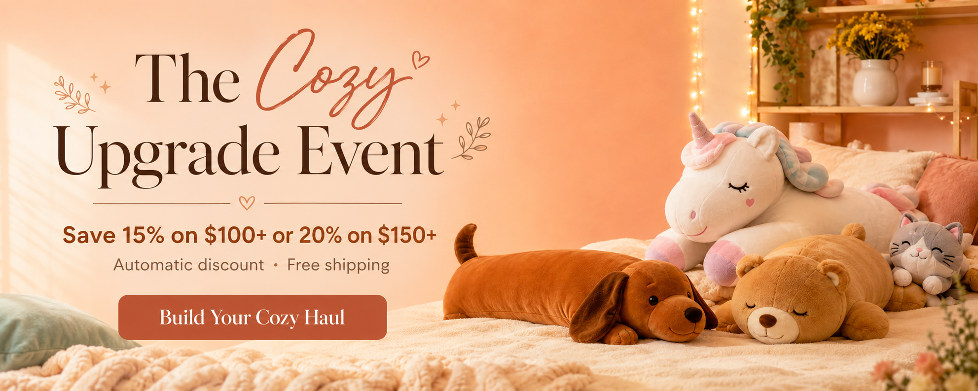 Promotional banner for 'The Cozy Upgrade Event' featuring plush toys on a bed in a cozy bedroom setting. Visible plush items include a large white unicorn, a brown dachshund, a tan teddy bear, and a small gray cat.