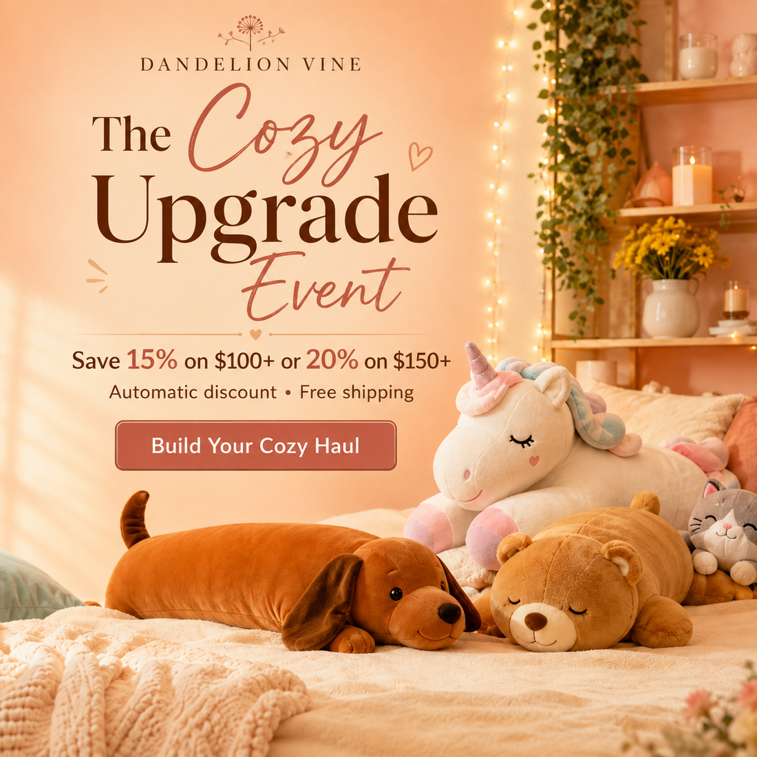 Promotional banner for Dandelion Vine featuring plush toys on a bed in a cozy bedroom setting. Visible products include a large brown dachshund-shaped pillow, a tan teddy bear, a white unicorn plush, and a small gray cat plush.