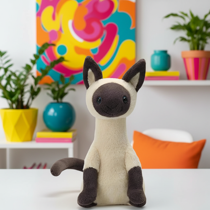 Stuffed animal toy resembling a Siamese cat in a room with colorful decor