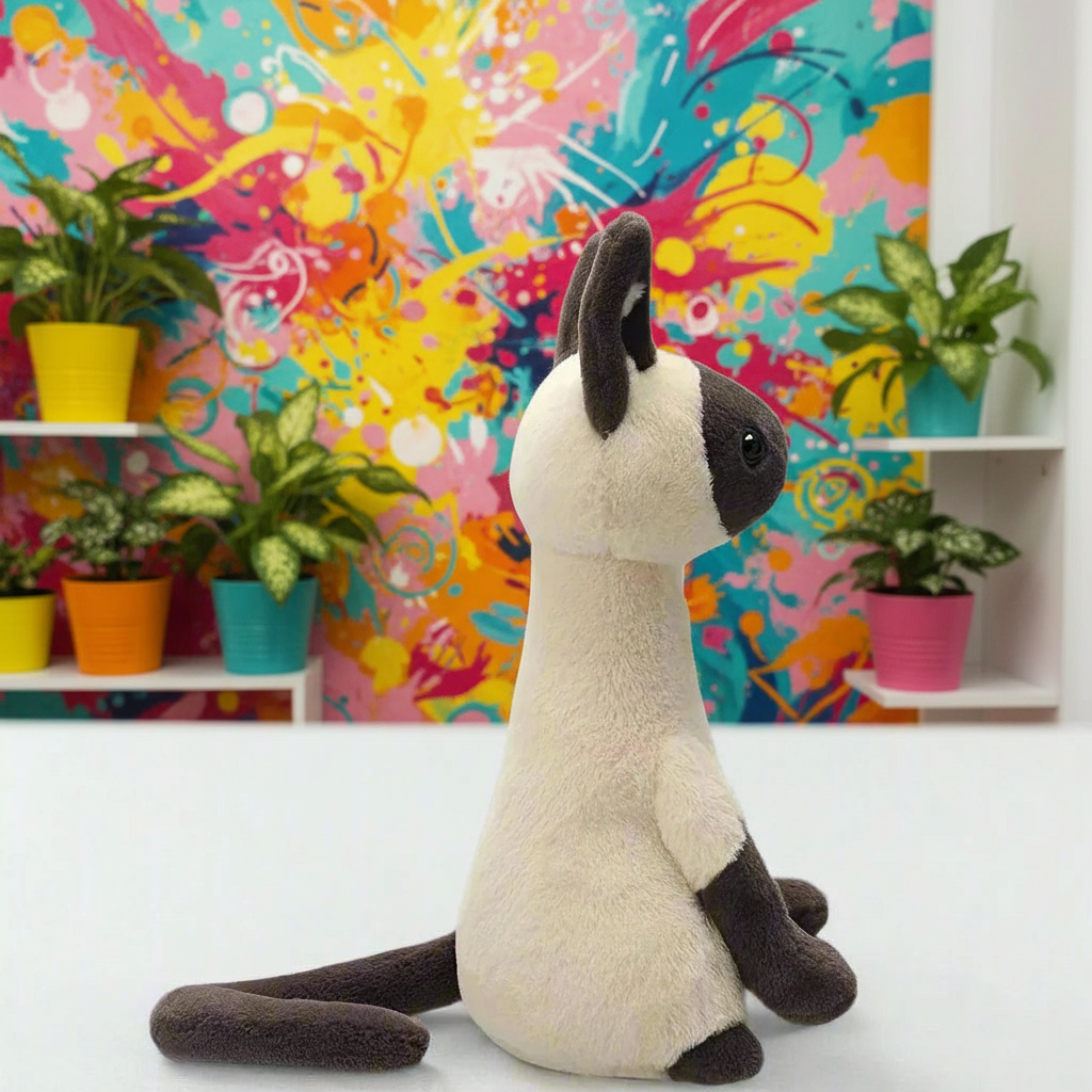 Stuffed animal sitting on a white surface with a colorful abstract wall and plants in the background