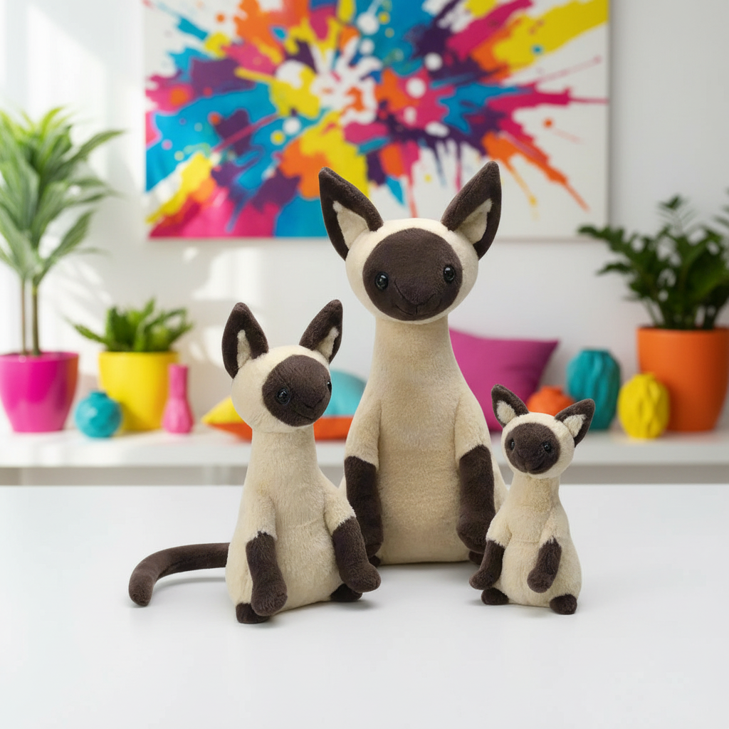 Three Siamese cat plush toys in front of a colorful abstract painting.