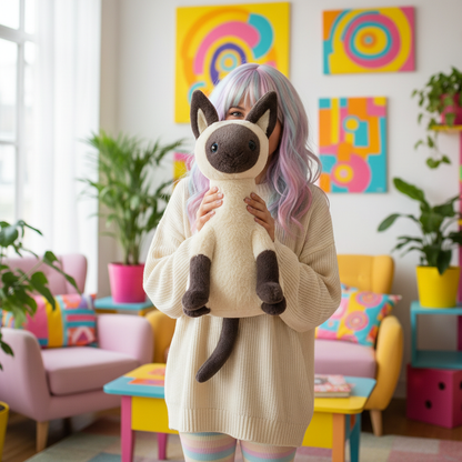 Person holding a plush cat toy in a colorful room with abstract art on the wall.
