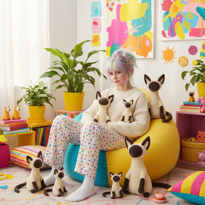 Person sitting on a colorful chair with stuffed cat toys in a room decorated with plants and abstract art.