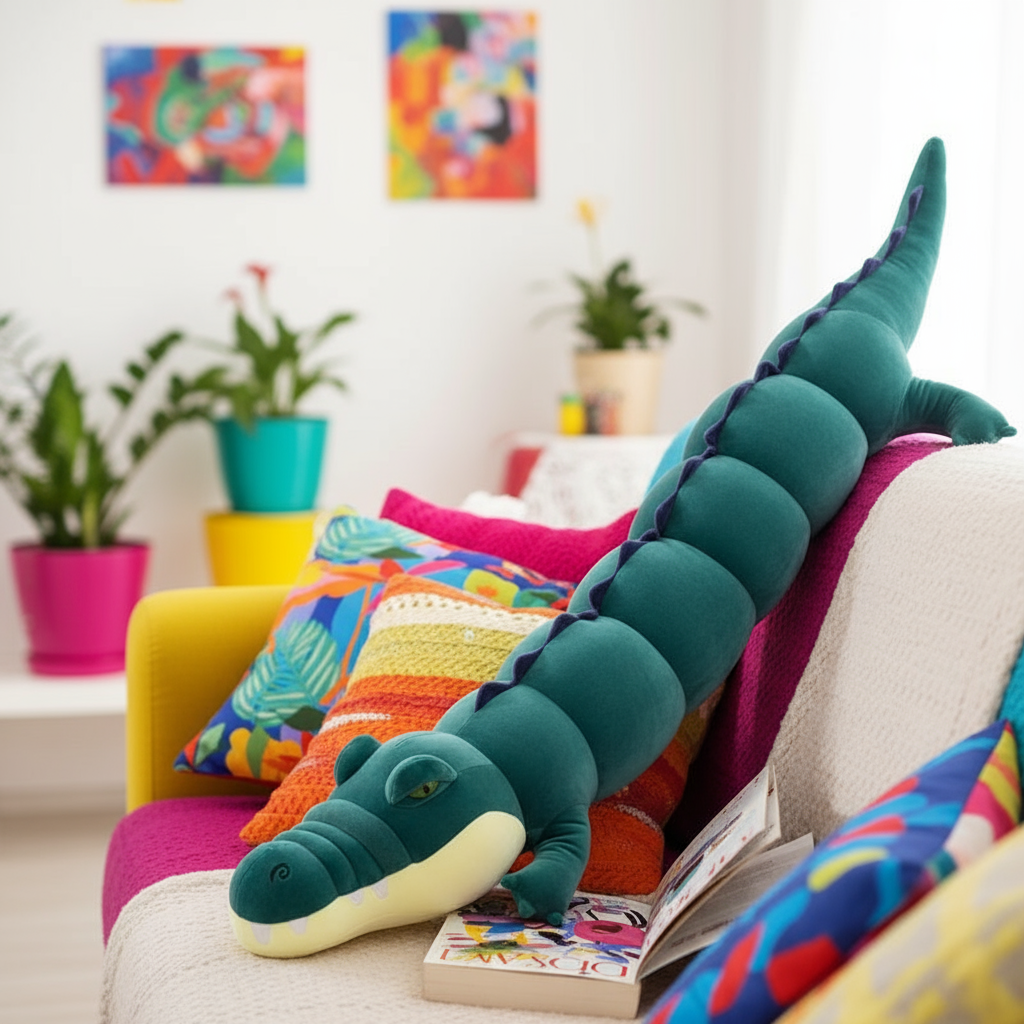 Dark green Crocodile Long Plushie Body Pillow on a sofa next to a book in a bright living room setting