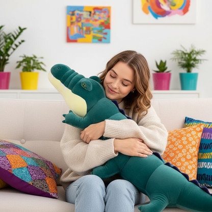 Woman sitting on a sofa holding a large plush crocodile toy in a bright living room setting