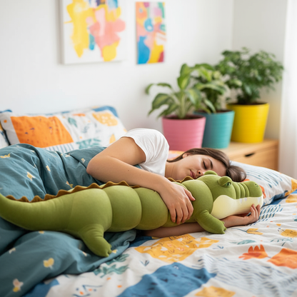 Woman laying on a bed holding a crocodile plush toy in a bright bedroom setting
