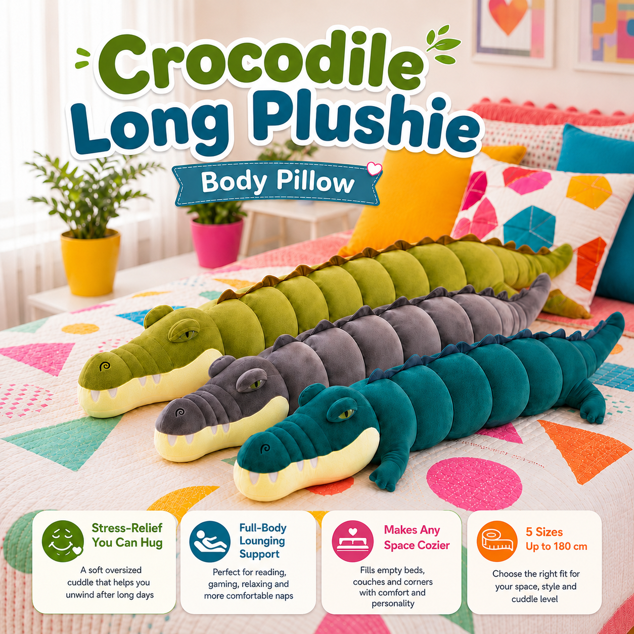 Three plush crocodile body pillows in green, gray, and teal are arranged on a colorful quilted bed with decorative pillows and plants in the background. Large text at the top reads 'Crocodile Long Plushie Body Pillow,' and four feature callouts appear along the bottom.
