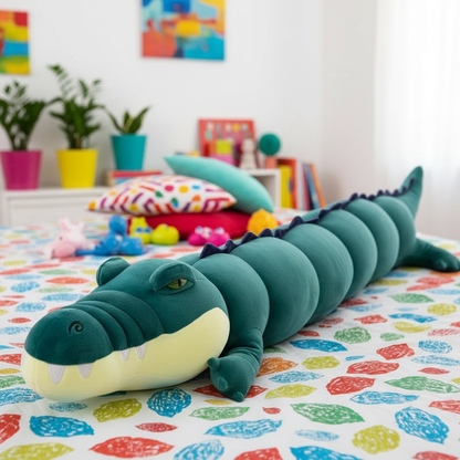 Large green crocodile plush toy on a colorful bedspread with a room in the background