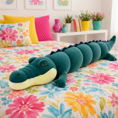 A plush alligator toy resting on a colorful floral bedspread in a bright bedroom setting.