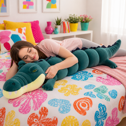 Woman in a pink shirt and gray leggings laying on a colorful bed hugging a giant crocodile plushie body pillow in dark green color.