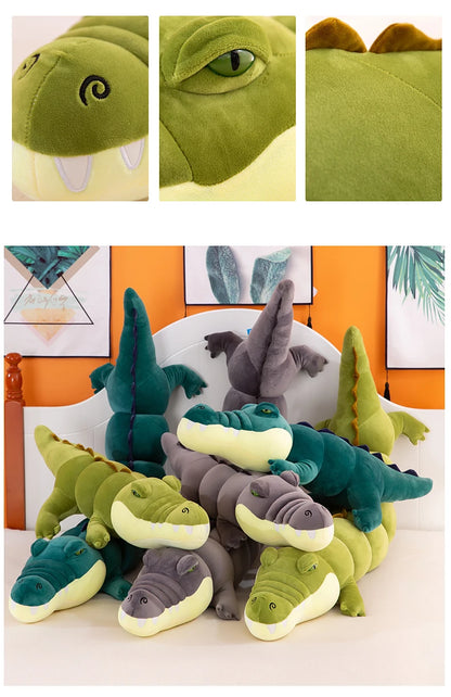 Detailed collection of green and gray crocodile plush toys on a white surface with an orange wall in the background.